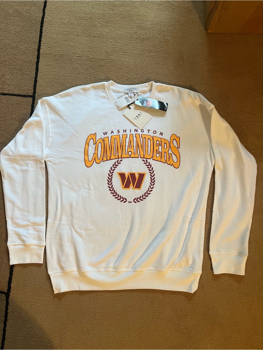 NFL White Washington Commanders Crewneck with Gold and Burgundy Logo